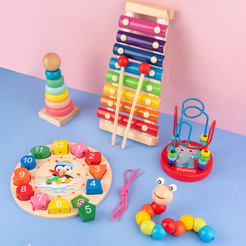 Infant Children&#039;s Eight-Tone Toy Piano Beaded Toy Worm Rainbow Tower Baby Early Education Educational Wooden Toys
