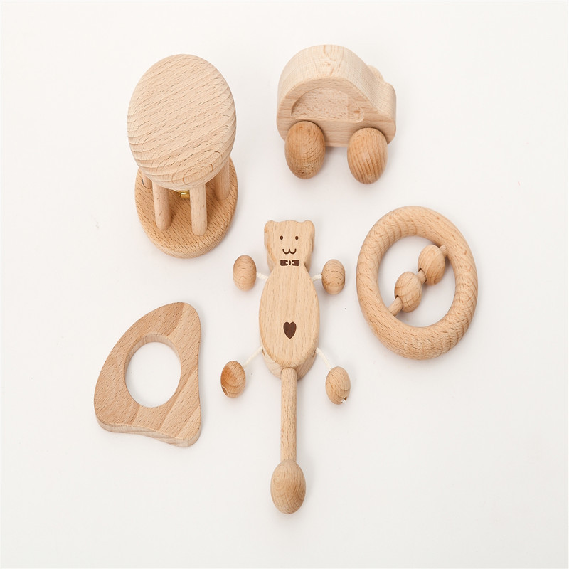 Infant Toys Newborn Toy Sets Infant Solid Wood Paint-Free Environmentally Friendly Molars Rattle Bag Set
