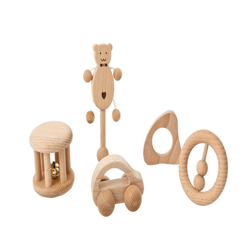 Infant Toys Newborn Toy Sets Infant Solid Wood Paint-Free Environmentally Friendly Molars Rattle Bag Set