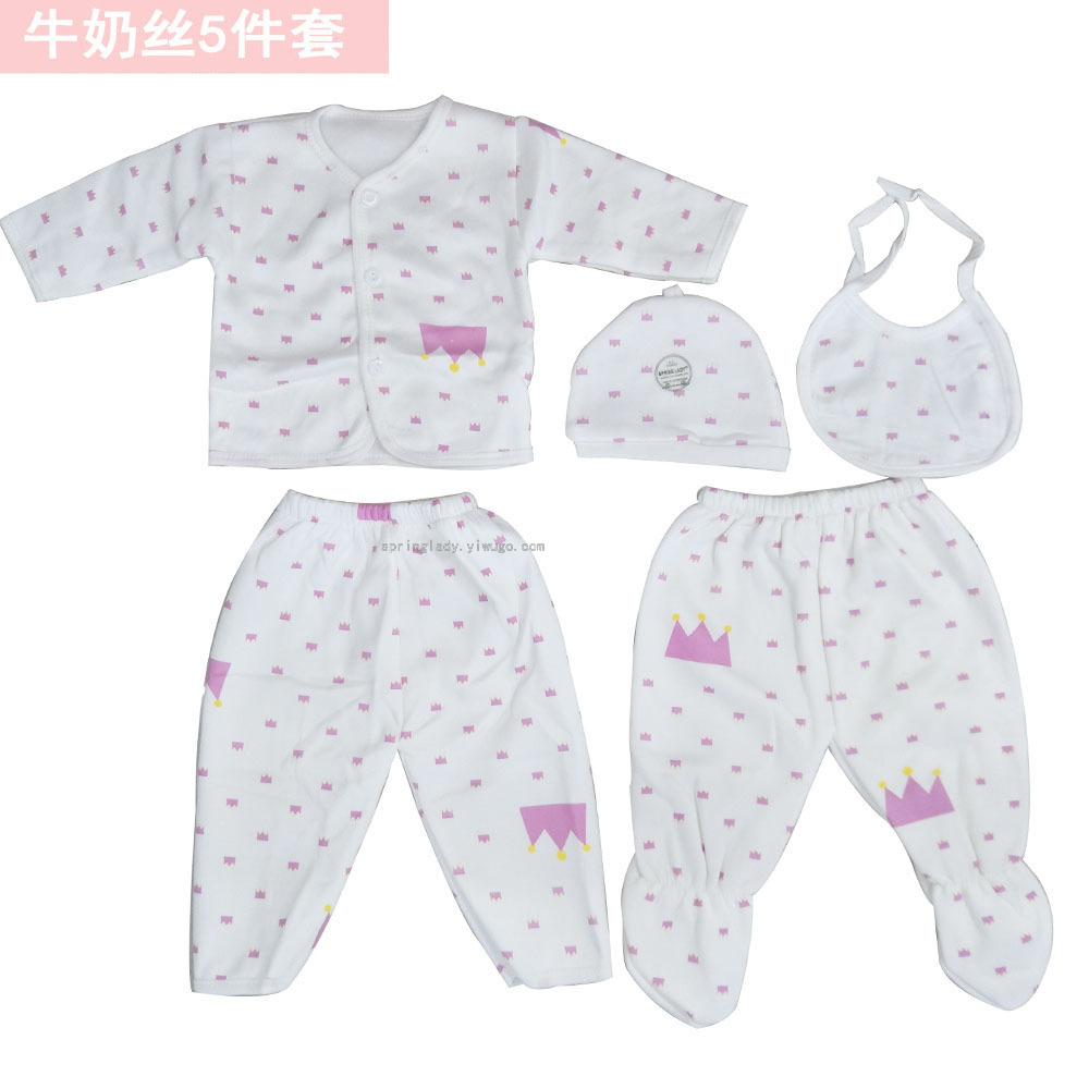 Bowknot Milk Silk Suit Newborn Baby Clothes Baby and Infant 5-Piece Spring Lady