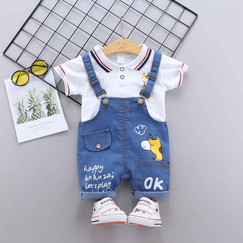 Baby Clothes Summer Baby Denim Brace Short Pants Boy Summer Thin Short-Sleeved Trendy Two-Piece Suit Tide