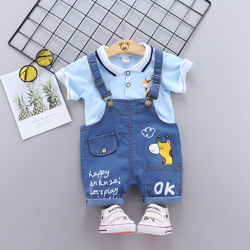 Baby Clothes Summer Baby Denim Brace Short Pants Boy Summer Thin Short-Sleeved Trendy Two-Piece Suit Tide