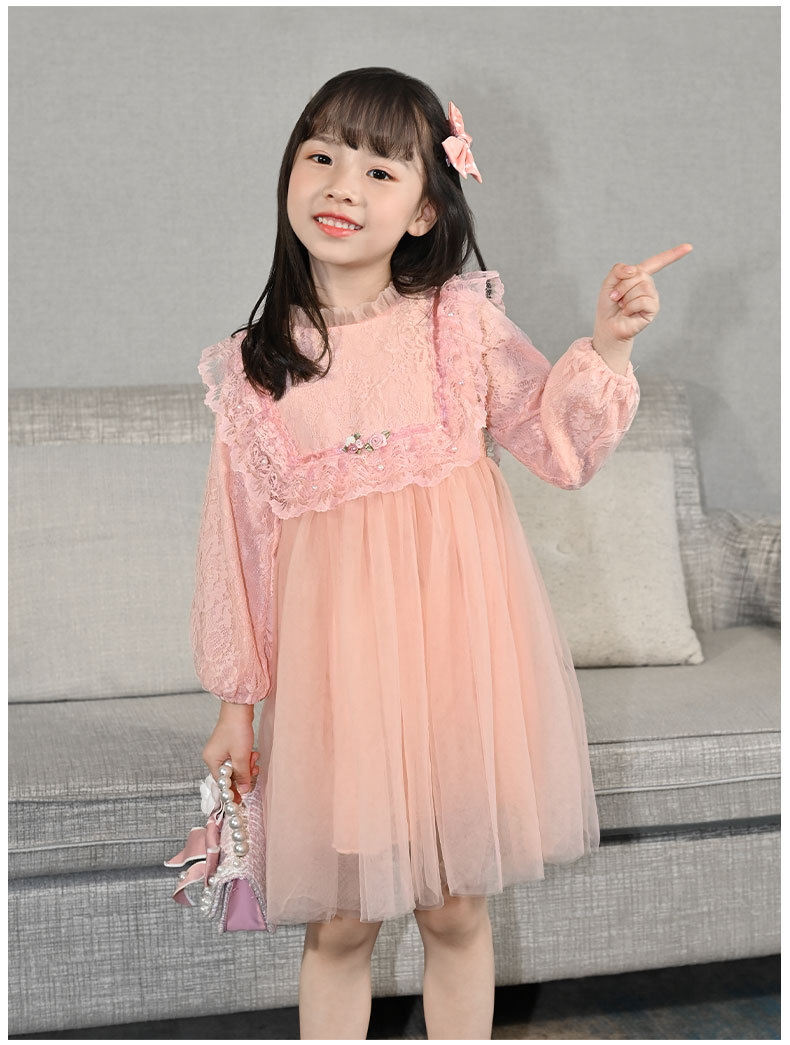 Girls' Autumn Dress 2021 New Long Sleeve Puffy Lace Gauzy Skirt Children's Princess Dress Baby Clothes Skirt