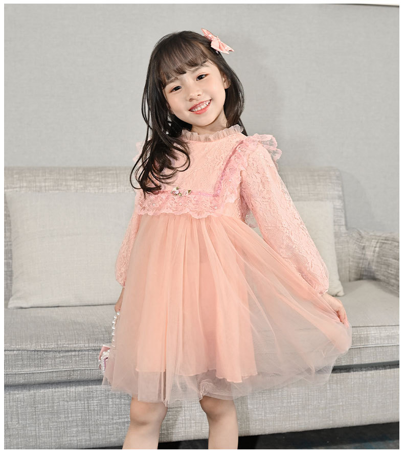 Girls' Autumn Dress 2021 New Long Sleeve Puffy Lace Gauzy Skirt Children's Princess Dress Baby Clothes Skirt