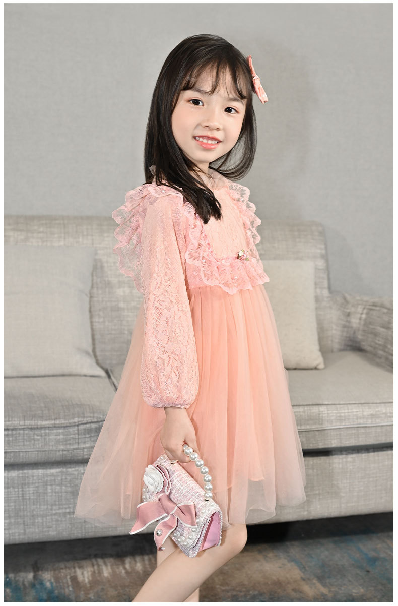 Girls' Autumn Dress 2021 New Long Sleeve Puffy Lace Gauzy Skirt Children's Princess Dress Baby Clothes Skirt