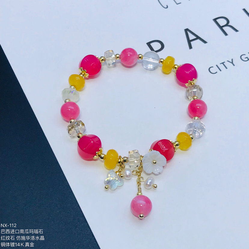 Natural Brazil Imported Agate Stone Bracelet Plated 14K Real Gold Sweet Cute and Graceful Flower Girlfriends Bracelet