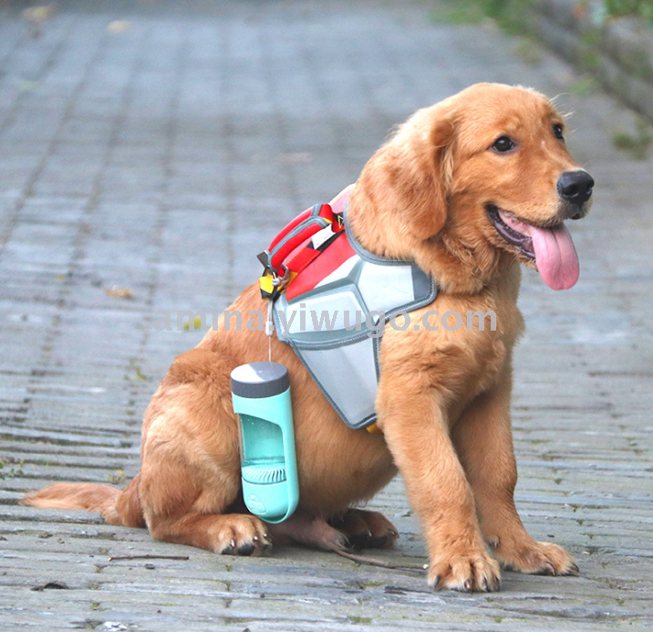 The dog goes out to the water bottle portable drinking fountain the cat goes along to feed the water cup folds drinks