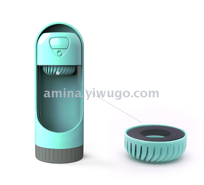 The dog goes out to the water bottle portable drinking fountain the cat goes along to feed the water cup folds drinks
