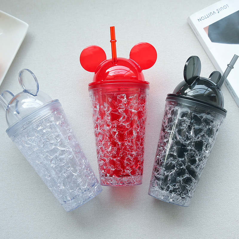 Fashion Double-Layer Straw Mickey Ice Cup Summer Cold Drink Juice Glass Water Cup Plastic Cup Wholesale