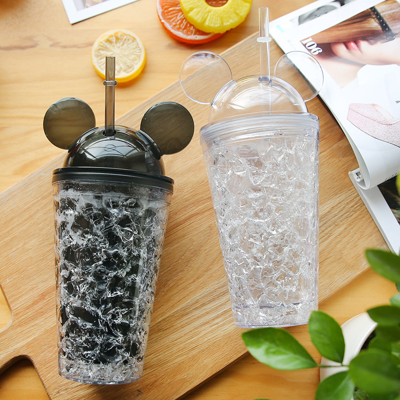 Fashion Double-Layer Straw Mickey Ice Cup Summer Cold Drink Juice Glass Water Cup Plastic Cup Wholesale