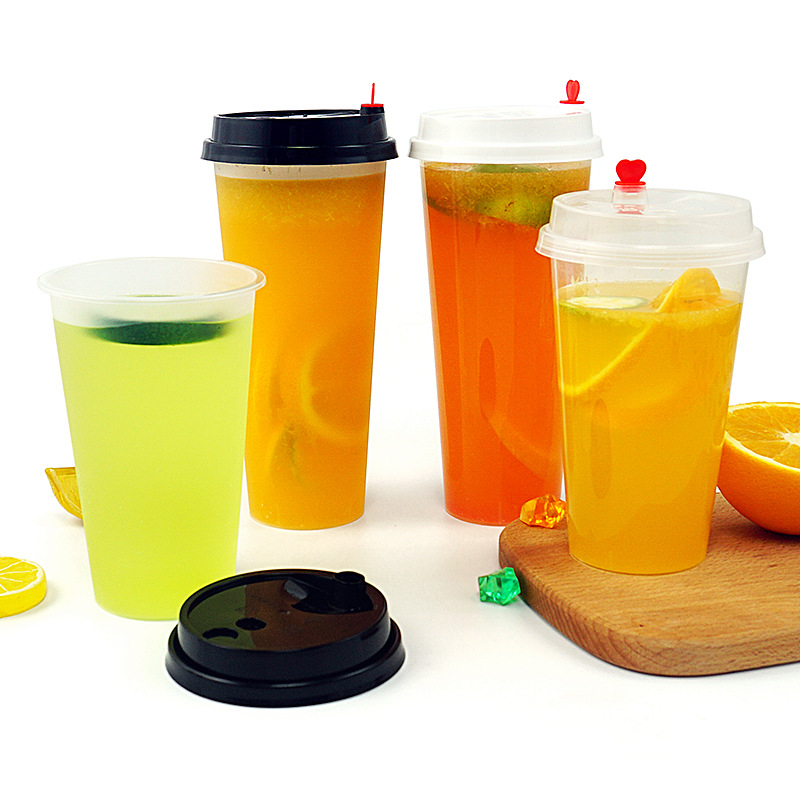 90 Caliber Milk Tea Cup Disposable Frosted with Lid Packaging Cup Commercial Thickened 500700ml Plastic Drink Cup