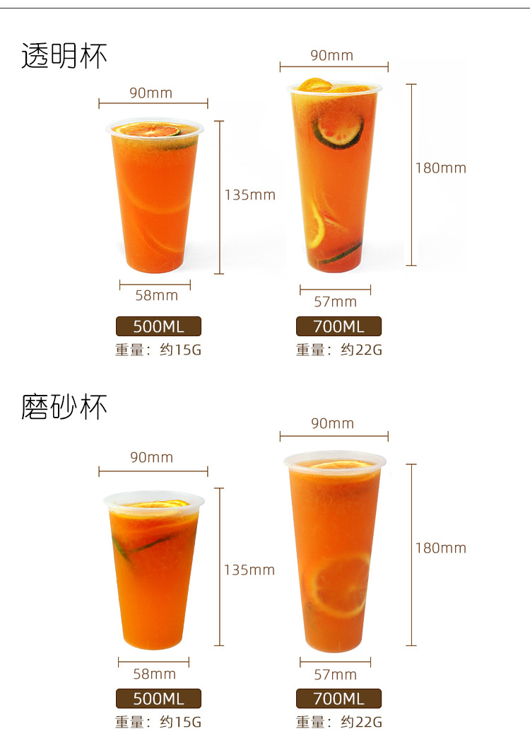 90 Caliber Milk Tea Cup Disposable Frosted with Lid Packaging Cup Commercial Thickened 500700ml Plastic Drink Cup