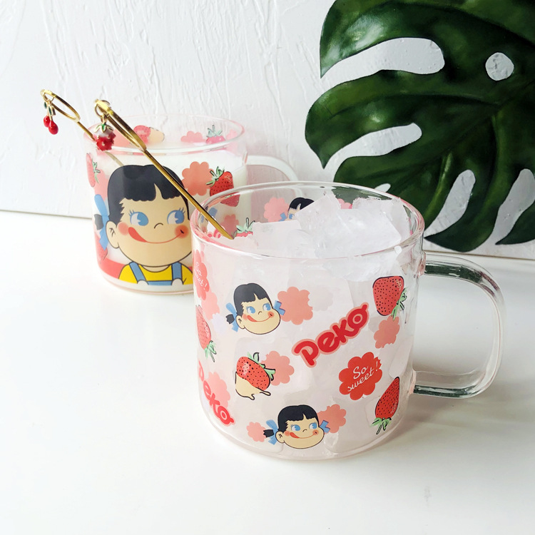 Japanese milk sister glass cup cute Cartoon cup breakfast cup girl heart strawberry drink cup ovenproof Cup
