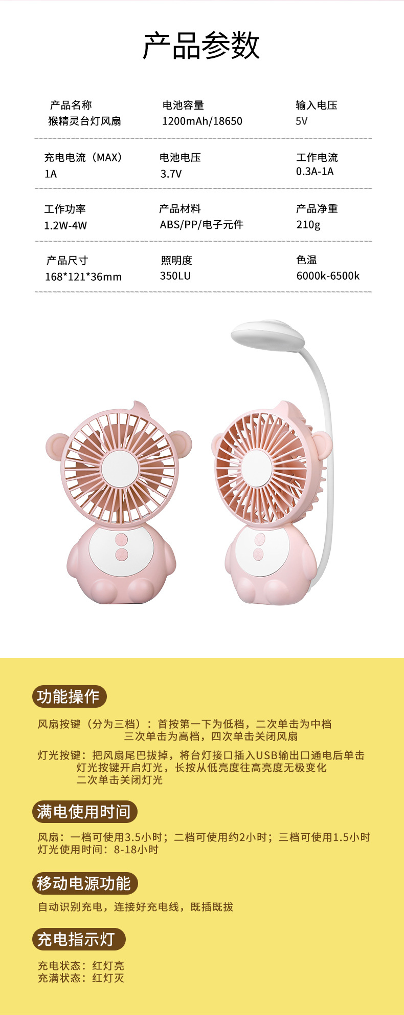 Multi-function monkey spirit desk lamp small fan USB charging mobile power mini handheld small fan Multi-function monkey spirit desk lamp small fan USB charging mobile power mini handheld small fan