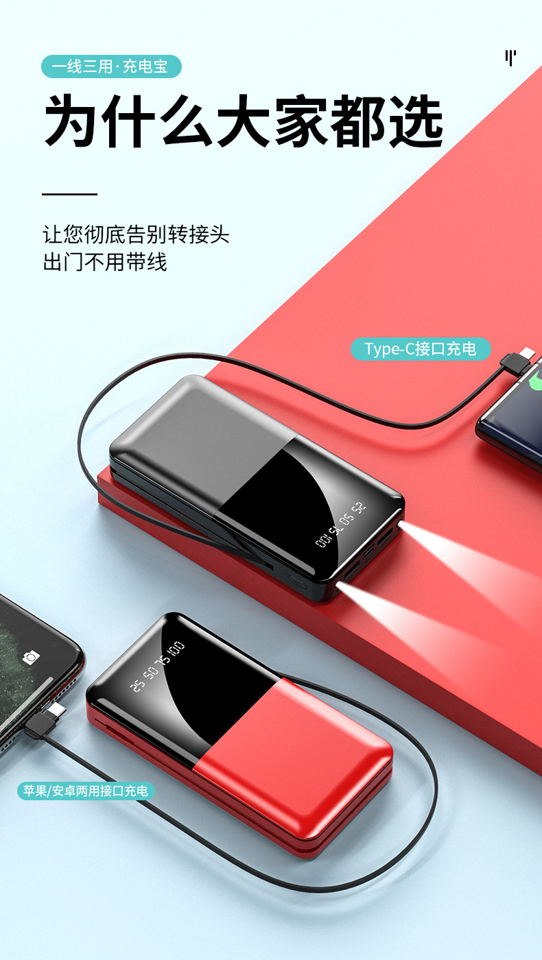 Mini Self-Wired Mirror Mobile Phone Universal Power Bank 20000 MA Large Capacity Fast Charging MobilePower Customization Mini Self-Wired Mirror Mobile Phone Universal Power Bank 20000 MA Large Capacity Fast Charging MobilePower Customization