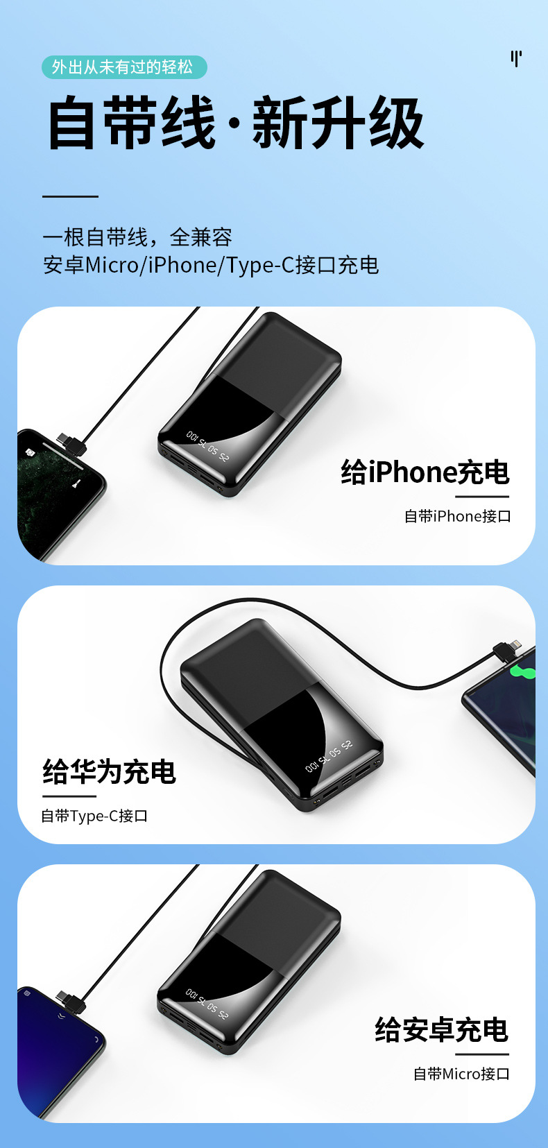 Mini Self-Wired Mirror Mobile Phone Universal Power Bank 20000 MA Large Capacity Fast Charging MobilePower Customization Mini Self-Wired Mirror Mobile Phone Universal Power Bank 20000 MA Large Capacity Fast Charging MobilePower Customization