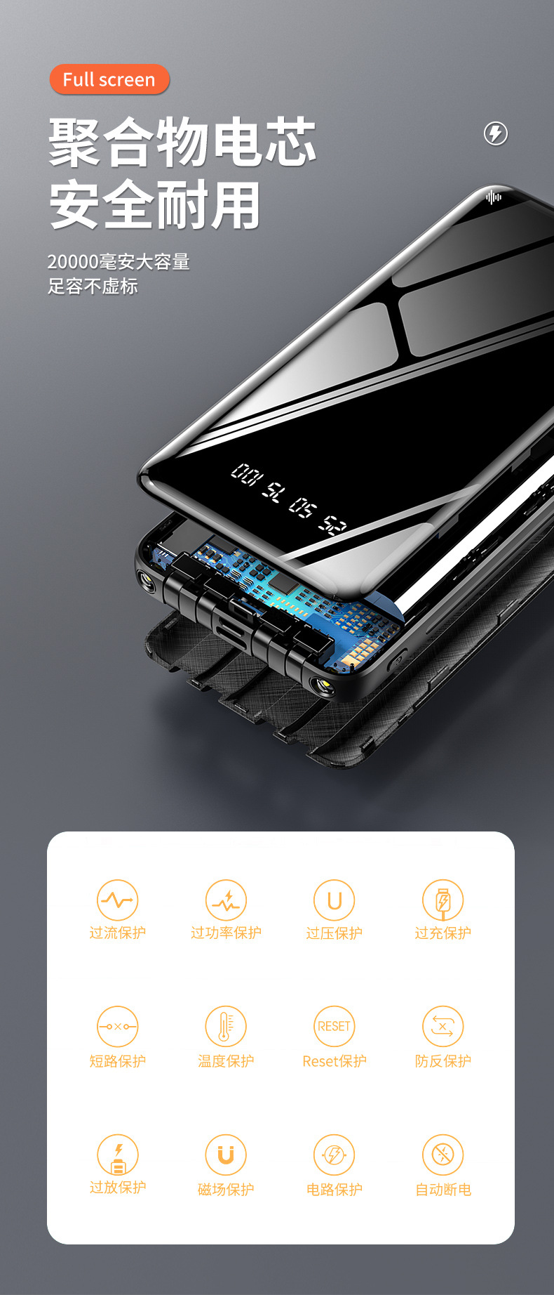 New Ultra-Thin Fast Charge with Cable Power Bank 20000 MA Full Screen Mobile Power Gift Custom Logo