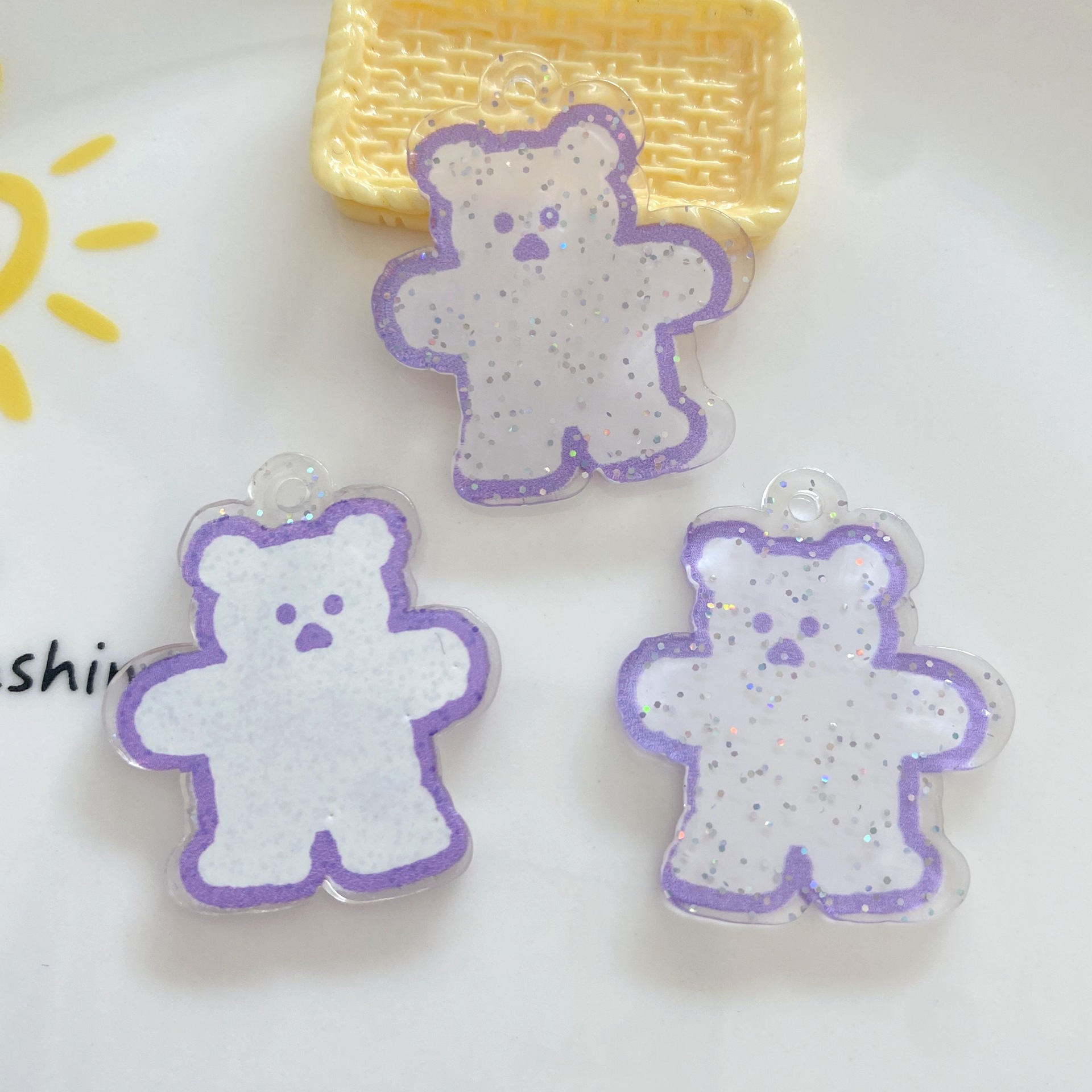 Resin Accessories DIY Phone Shell Stickers Keychain Pendant with Hole Bright Pink Double-Sided Transparent Bear Pendant
