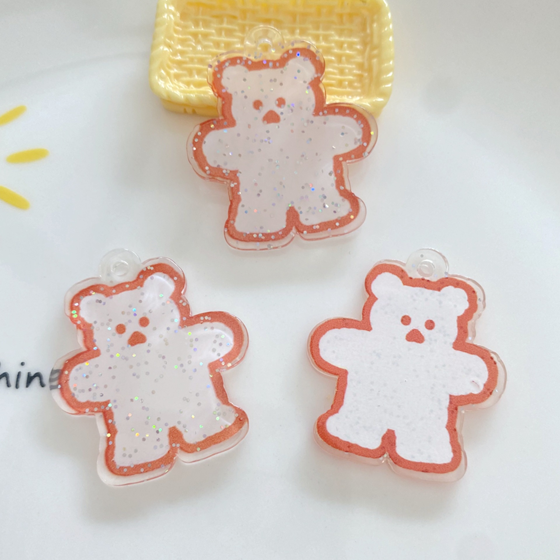 Resin Accessories DIY Phone Shell Stickers Keychain Pendant with Hole Bright Pink Double-Sided Transparent Bear Pendant