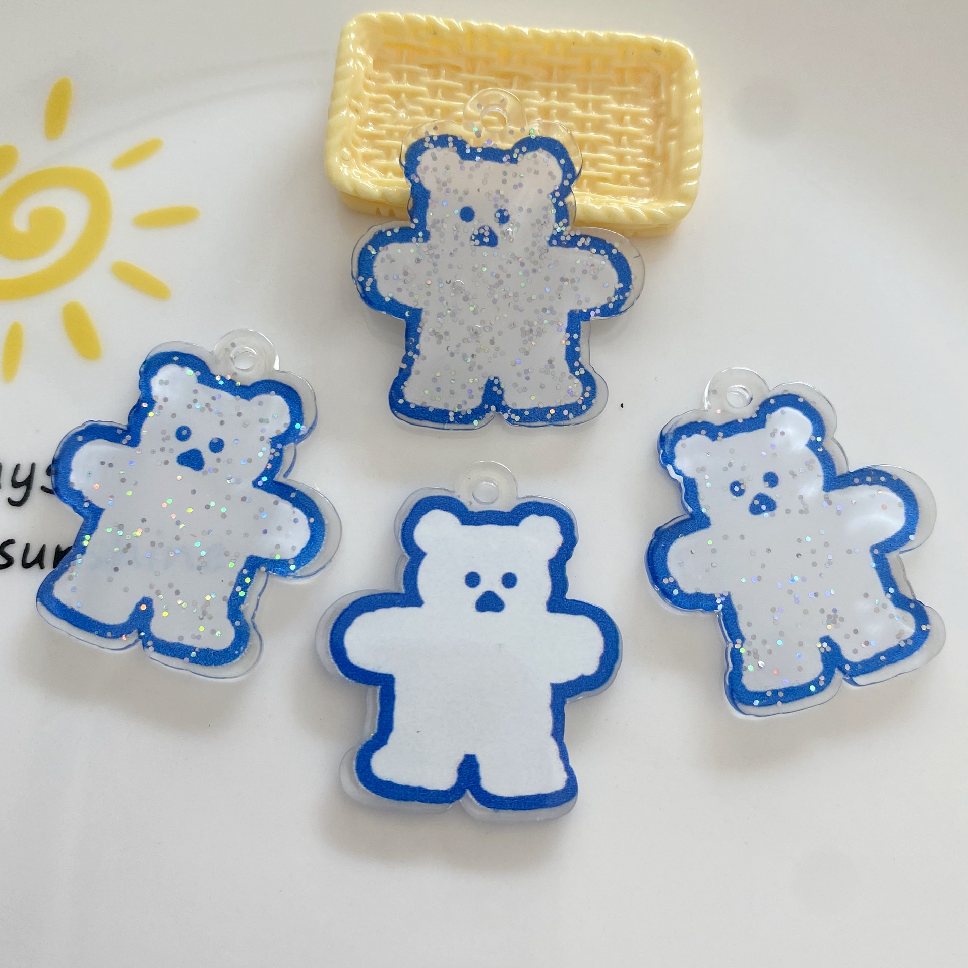 Resin Accessories DIY Phone Shell Stickers Keychain Pendant with Hole Bright Pink Double-Sided Transparent Bear Pendant