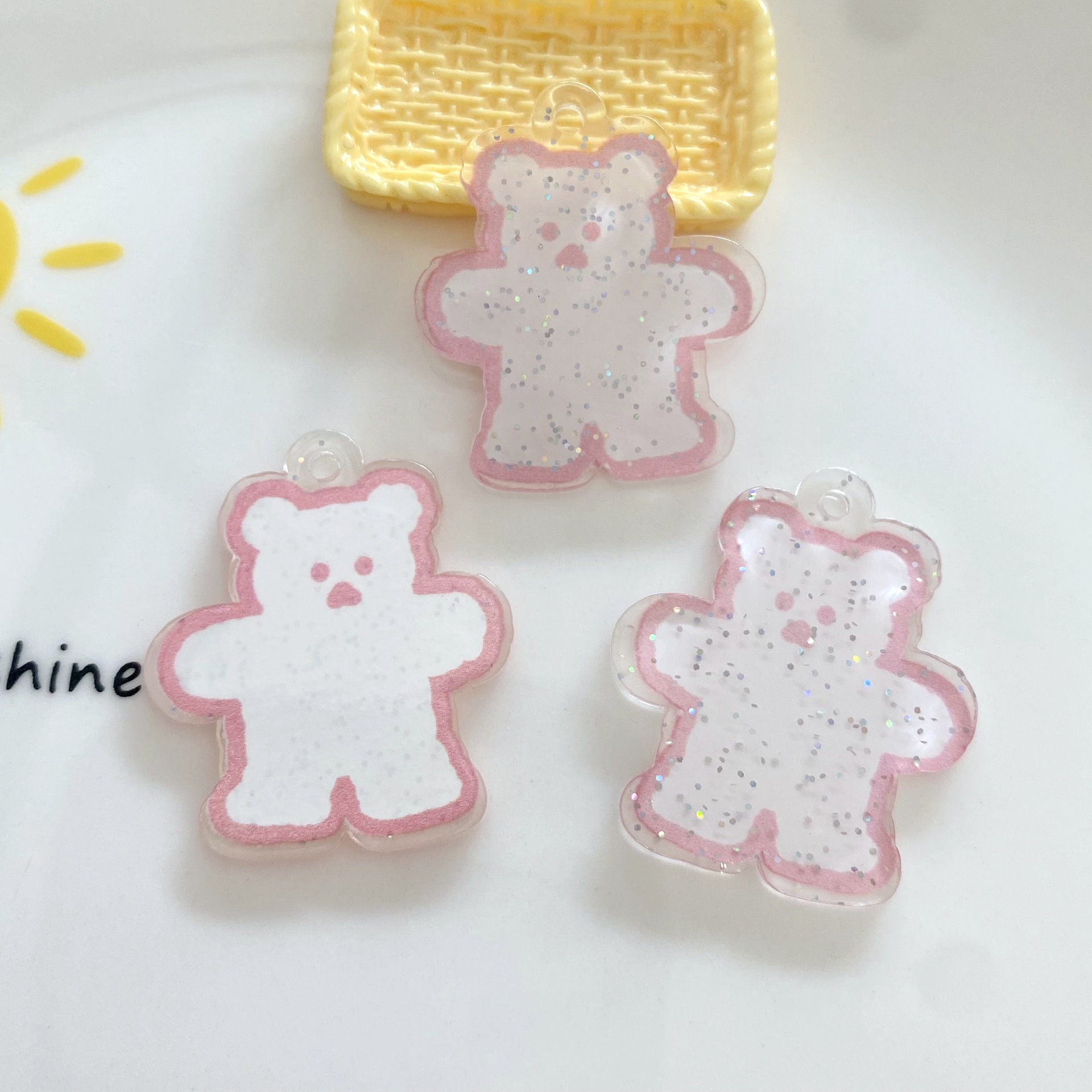 Resin Accessories DIY Phone Shell Stickers Keychain Pendant with Hole Bright Pink Double-Sided Transparent Bear Pendant