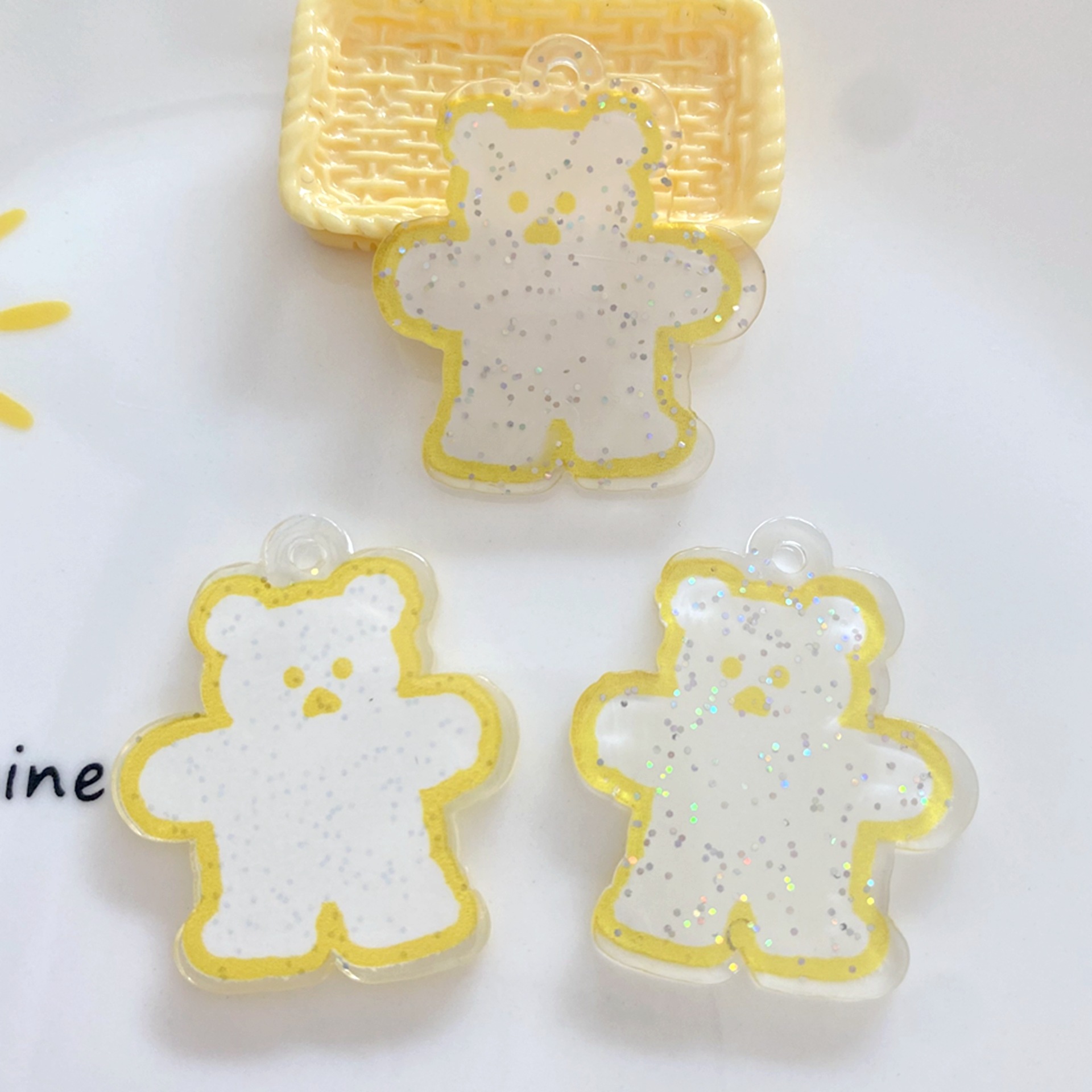 Resin Accessories DIY Phone Shell Stickers Keychain Pendant with Hole Bright Pink Double-Sided Transparent Bear Pendant
