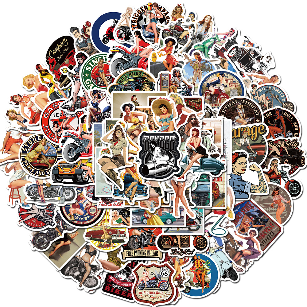 of Motorcycle Retro Girl Graffiti Stickers Mobile Phone Shell Luggage Scooter Super Waterproof Stickers Can Be Whole