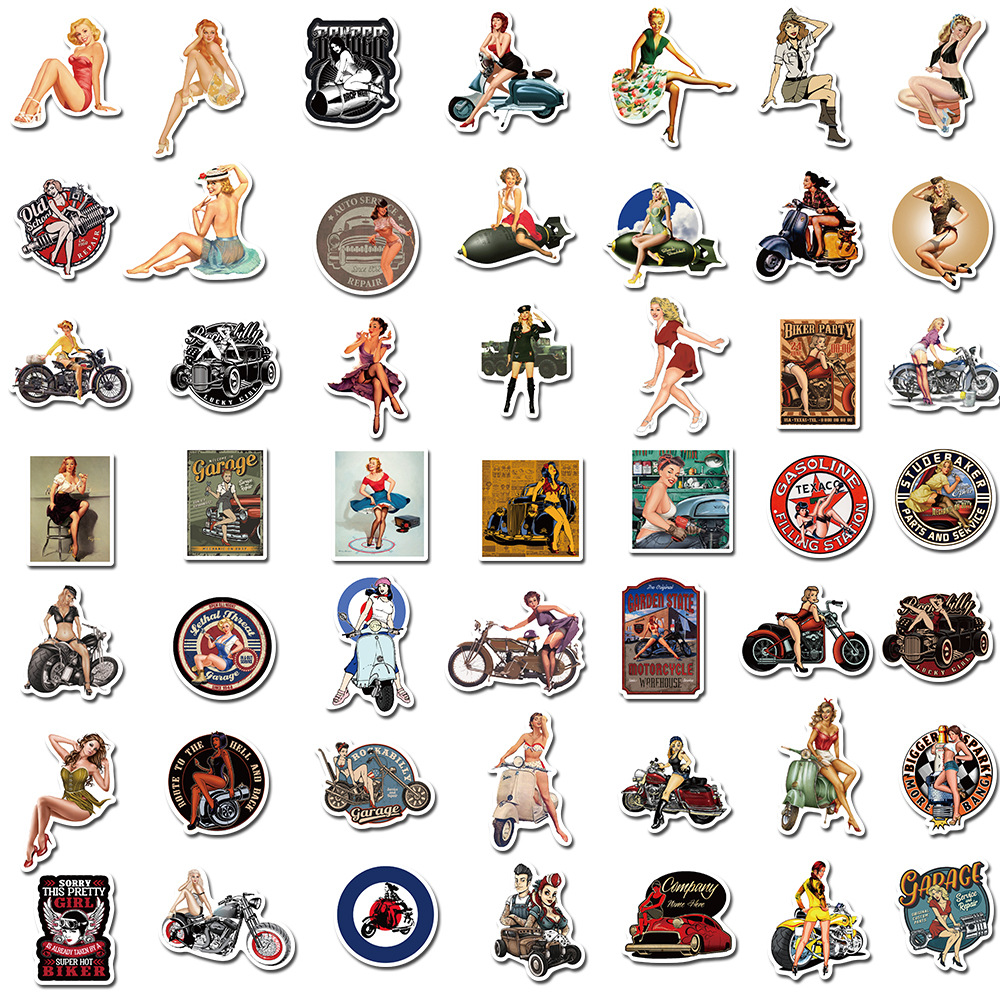 of Motorcycle Retro Girl Graffiti Stickers Mobile Phone Shell Luggage Scooter Super Waterproof Stickers Can Be Whole