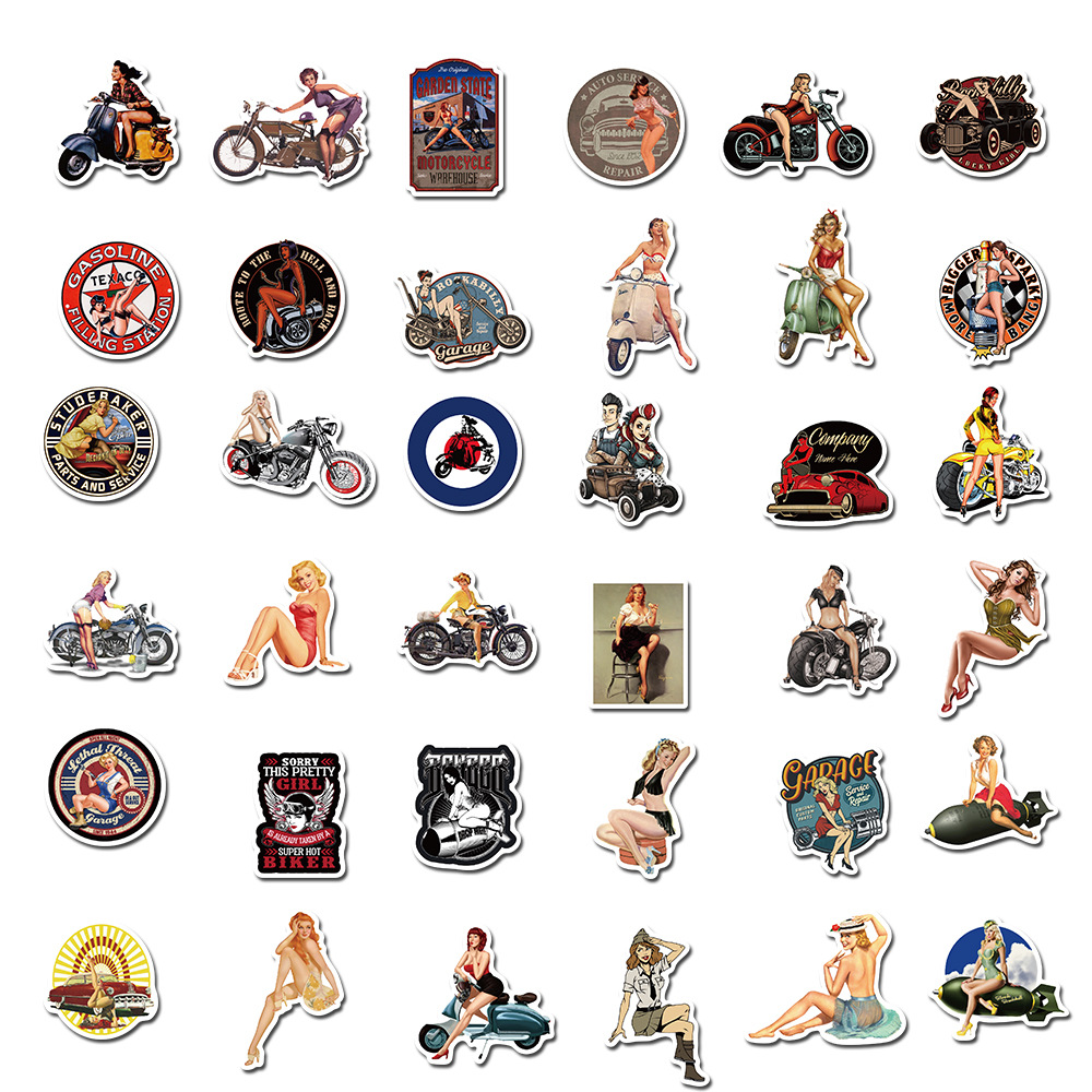 of Motorcycle Retro Girl Graffiti Stickers Mobile Phone Shell Luggage Scooter Super Waterproof Stickers Can Be Whole