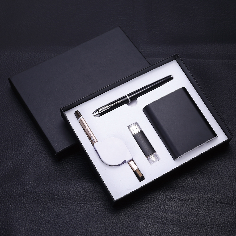Creative Power Bank Gift Enterprise Business Metal Roller Pen with USB Cable Mobile Power Gift Set
