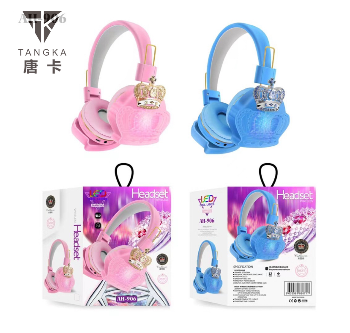 New Headset Glowing Bluetooth Headset Ah-906 Flash Silicone Crown Wireless Stereo Earphone