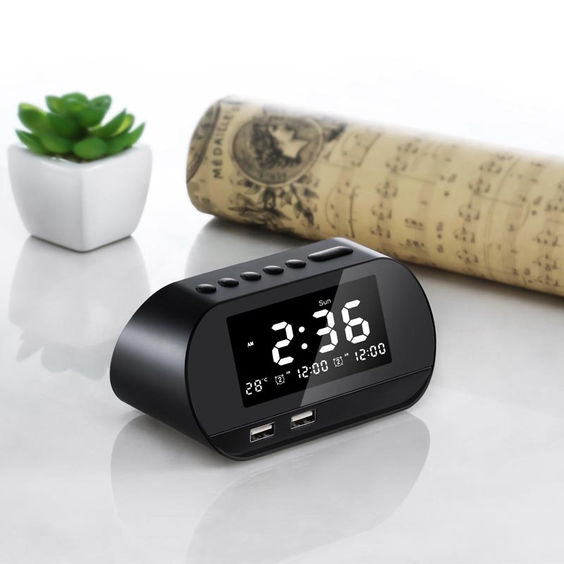 Amazon Hot Sale Dual USB Rechargeable Alarm Clock Smart Wireless Radio LCD Perpetual Calendar Temperature Clock Radio