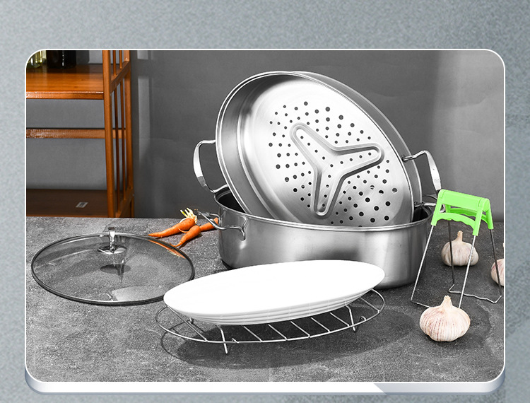 304 Stainless Steel Double Layer Steamed Fish Oval Seafood Steamer Pot Large Household Induction Cooker Universal
