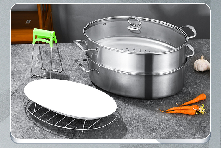 304 Stainless Steel Double Layer Steamed Fish Oval Seafood Steamer Pot Large Household Induction Cooker Universal