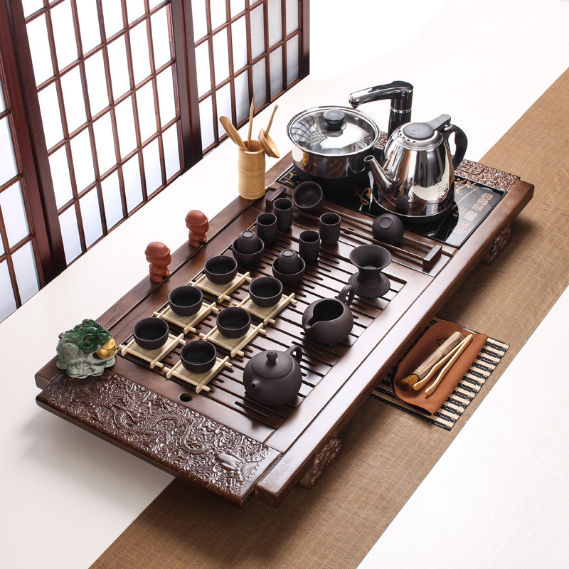 Black Gold Stone Tea Tray Yixing Purple Sand Tea Set Solid Wood Tea Tray FourInOne Induction Cooker Special Gift Whole
