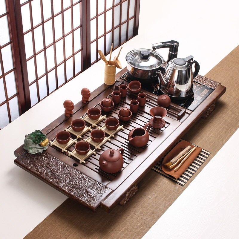 Black Gold Stone Tea Tray Yixing Purple Sand Tea Set Solid Wood Tea Tray FourInOne Induction Cooker Special Gift Whole