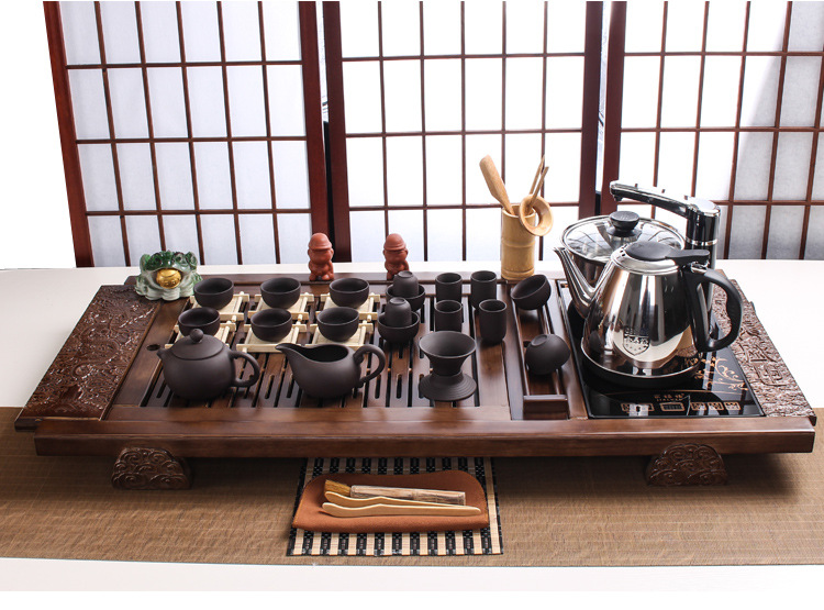 Black Gold Stone Tea Tray Yixing Purple Sand Tea Set Solid Wood Tea Tray FourInOne Induction Cooker Special Gift Whole