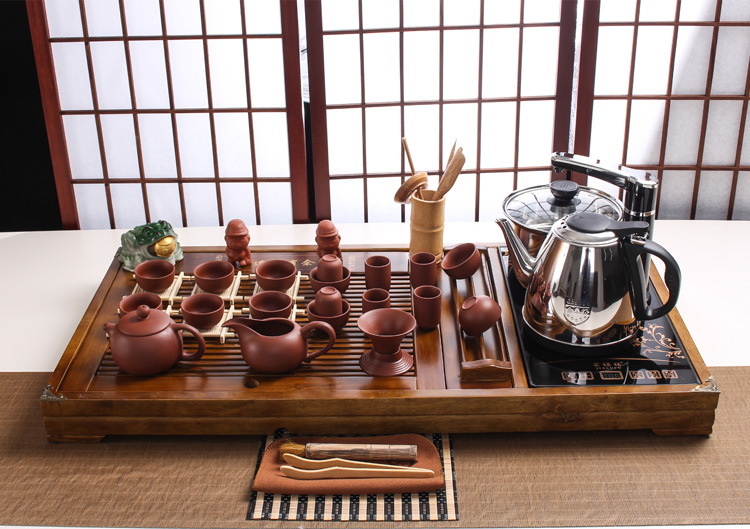 Black Gold Stone Tea Tray Yixing Purple Sand Tea Set Solid Wood Tea Tray FourInOne Induction Cooker Special Gift Whole