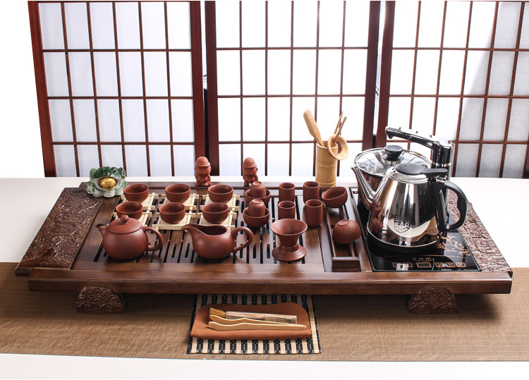 Black Gold Stone Tea Tray Yixing Purple Sand Tea Set Solid Wood Tea Tray FourInOne Induction Cooker Special Gift Whole