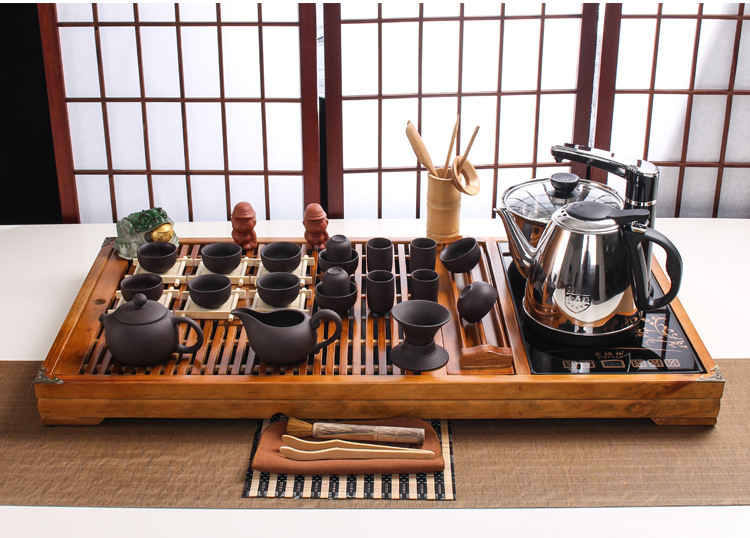 Black Gold Stone Tea Tray Yixing Purple Sand Tea Set Solid Wood Tea Tray FourInOne Induction Cooker Special Gift Whole