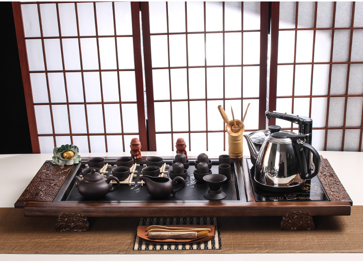 Black Gold Stone Tea Tray Yixing Purple Sand Tea Set Solid Wood Tea Tray FourInOne Induction Cooker Special Gift Whole