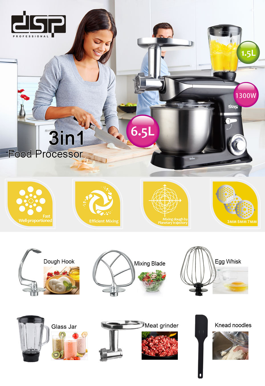 DSP DSP Three-in-One Household Multi-Function Flour-Mixing Machine Automatic Juicer Meat Grinder Stirring Stand Mixer DSP DSP Three-in-One Household Multi-Function Flour-Mixing Machine Automatic Juicer Meat Grinder Stirring Stand Mixer