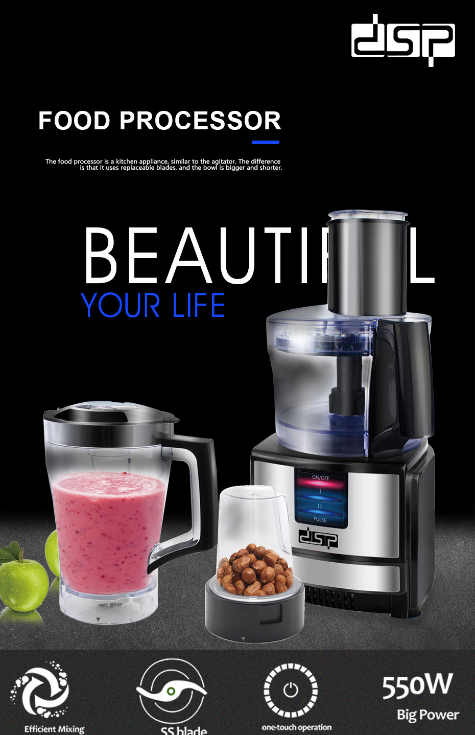 DSP Meat Grinder Household Multi-Function Electric Food Processor Stainless Steel Minced Meat Cutting Vegetable Stirring