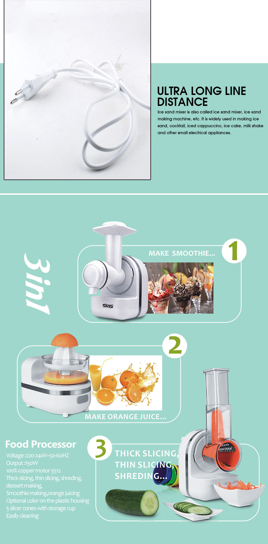 DSP DSP Three-in-One Mini Household Small Blender Juice Extractor Fruit and Vegetable Slicer Electric Juicer