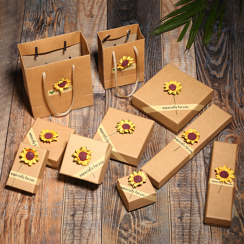 Factory Hot Sunflower Decals Jewelry Box Kraft Paper Necklace Box Ring Box Creative Carton Customized Wholesale