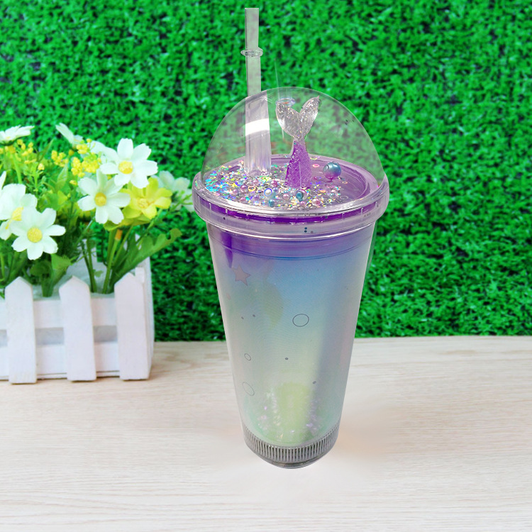 Luminous Cup Layer Magic Color Mermaid Cup with Straw Unicorn Cup with Straw 450ml Luminous Cup with Straw