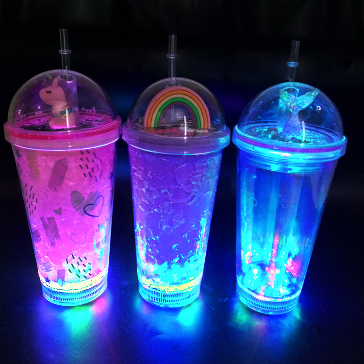 Luminous Cup Layer Magic Color Mermaid Cup with Straw Unicorn Cup with Straw 450ml Luminous Cup with Straw