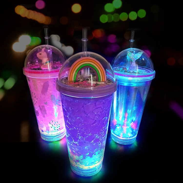 Luminous Cup Layer Magic Color Mermaid Cup with Straw Unicorn Cup with Straw 450ml Luminous Cup with Straw