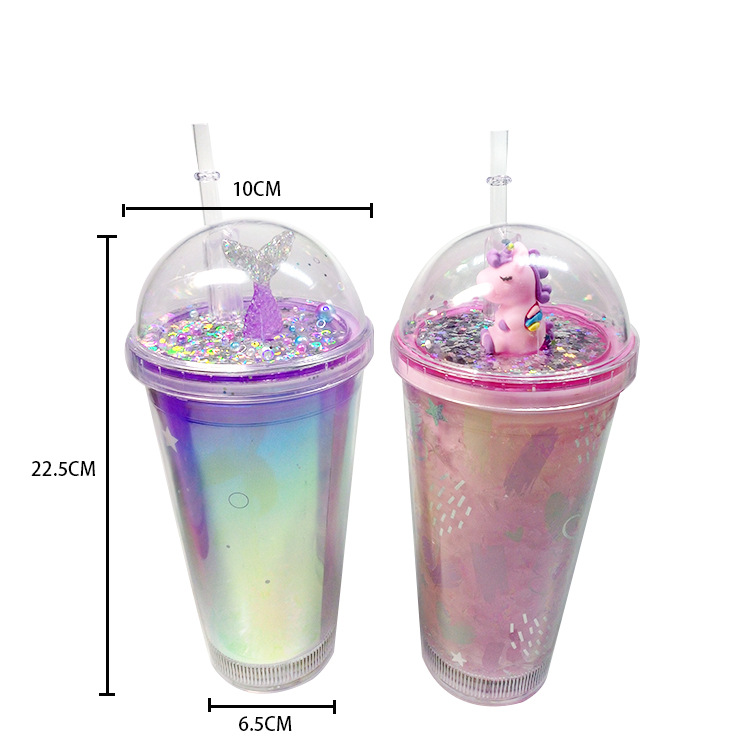 Luminous Cup Layer Magic Color Mermaid Cup with Straw Unicorn Cup with Straw 450ml Luminous Cup with Straw