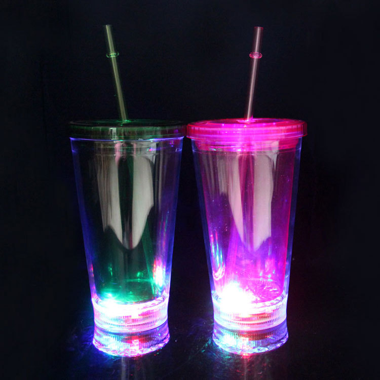 Online direct sale LED luminous cup double plastic straw cup creative gift cup luminous double plastic straw cup